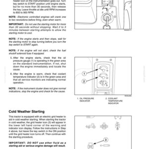 May include: A technical manual page titled 5 - OPERATING INSTRUCTIONS featuring black and white line drawings of a tractor ignition key switch, an instrument cluster with oil pressure and coolant temperature gauges, and a grid heater icon.