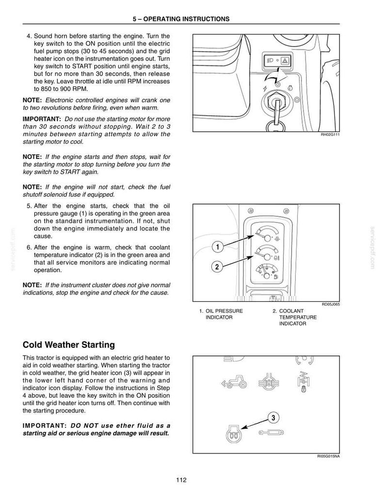 May include: A technical manual page titled 5 - OPERATING INSTRUCTIONS featuring black and white line drawings of a tractor ignition key switch, an instrument cluster with oil pressure and coolant temperature gauges, and a grid heater icon.