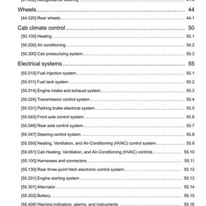 May include: A detailed table of contents from a manual, listing various systems and components. Includes sections on hydraulic control, wheels, cab climate control, and electrical systems. The document is dated 07/07/2016.