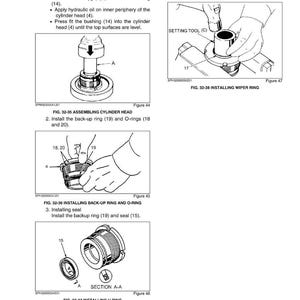May include: Diagrams illustrating the disassembly and assembly of a cylinder head, including the installation of bushings, back-up rings, O-rings, and wiper rings. The diagrams include text and labels for each step.