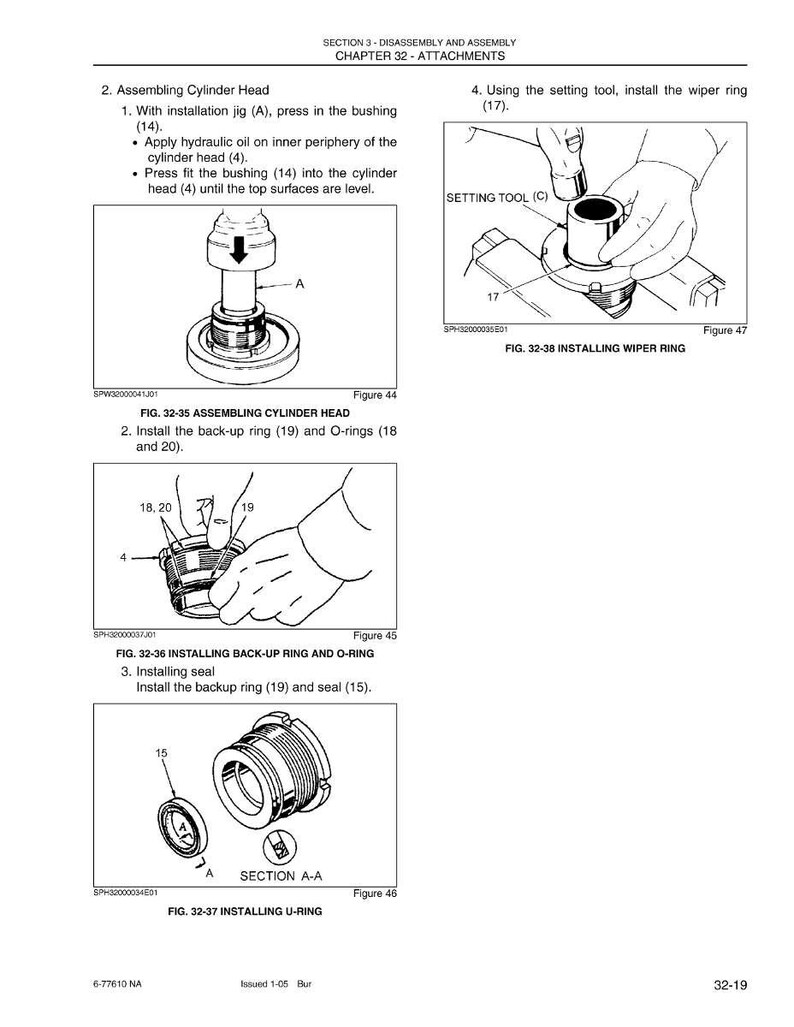 May include: Diagrams illustrating the disassembly and assembly of a cylinder head, including the installation of bushings, back-up rings, O-rings, and wiper rings. The diagrams include text and labels for each step.