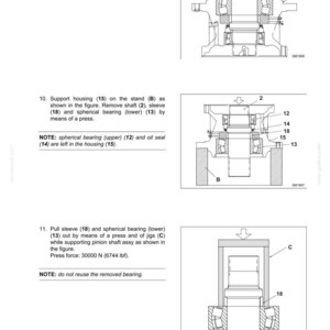 May include: Diagram of a swing device, E305C, with detailed illustrations of its components. Includes instructions for removing parts like ring (21), shaft (2), and sleeve (18). Features measurements in both Newtons and pounds.