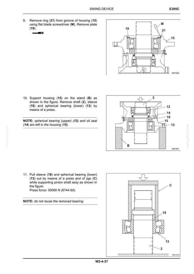 May include: Diagram of a swing device, E305C, with detailed illustrations of its components. Includes instructions for removing parts like ring (21), shaft (2), and sleeve (18). Features measurements in both Newtons and pounds.