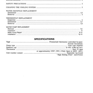 May include: A printed page from a manual with the title "TABLE OF CONTENTS". The page lists sections including "SPECIFICATIONS", "SAFETY PRECAUTIONS", and "THERMOSTAT REPLACEMENT". The text also includes temperature measurements in Fahrenheit and PSI.
