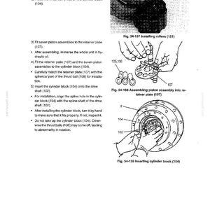 May include: Diagrams from a travel system manual showing the assembly of hydraulic motor components. Illustrations include installing rollers, assembling piston assemblies, and inserting a cylinder block. Text and labels are included.