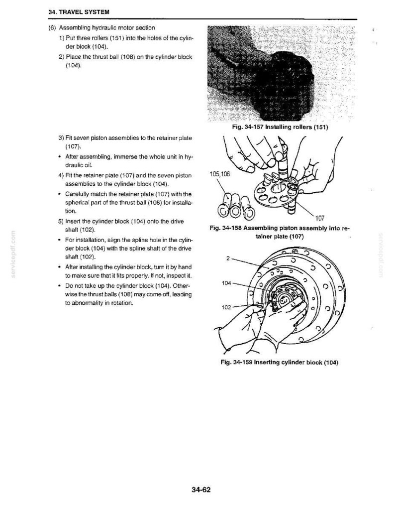 May include: Diagrams from a travel system manual showing the assembly of hydraulic motor components. Illustrations include installing rollers, assembling piston assemblies, and inserting a cylinder block. Text and labels are included.