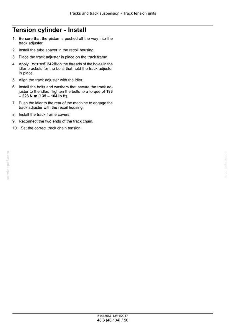 May include: A page from a manual detailing the installation of a tension cylinder. The text includes numbered steps for the process, with measurements in both Newton-meters and pound-feet.