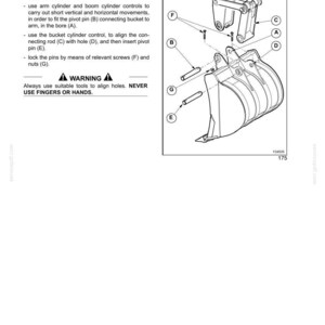 May include: Diagram of bucket installation with labeled parts A through G. Instructions include using a hoist, aligning pins, and securing with screws and nuts. Text warns against using fingers or hands.
