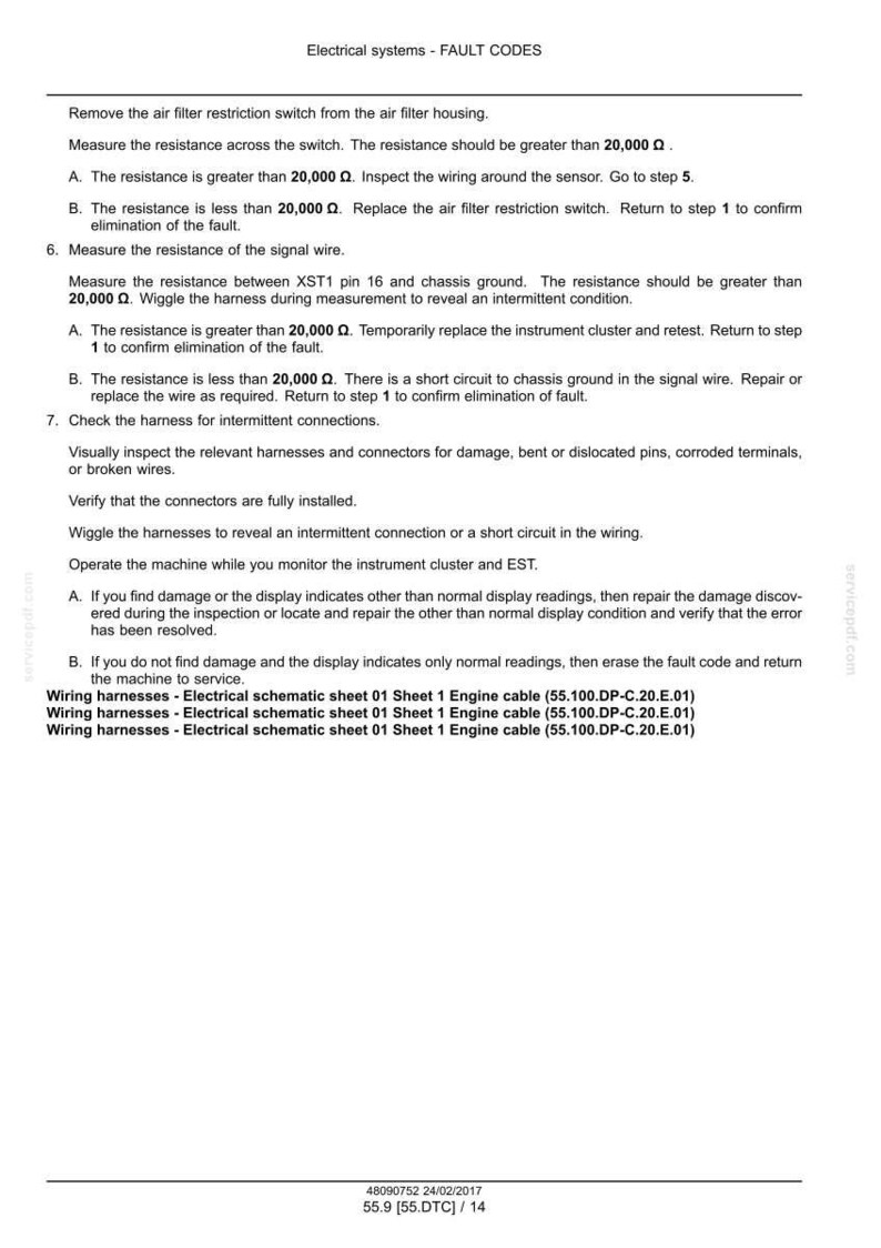 May include: A document titled "Electrical systems - FAULT CODES" with troubleshooting steps for electrical issues. Instructions include checking resistance, inspecting wiring, and verifying connections. Includes wiring harness details.