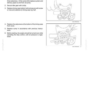 May include: Diagram of an engine oil pump installation, with detailed instructions and illustrations. The image shows the steps for installing the JX45T oil pump, including securing with setscrews and replacing various components.