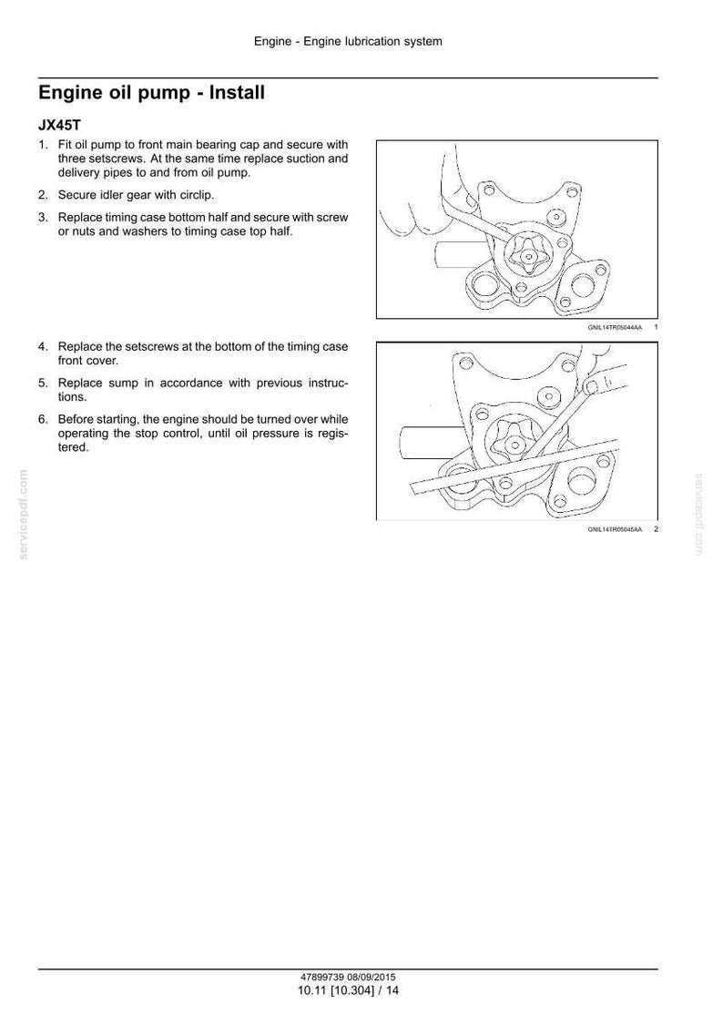 May include: Diagram of an engine oil pump installation, with detailed instructions and illustrations. The image shows the steps for installing the JX45T oil pump, including securing with setscrews and replacing various components.