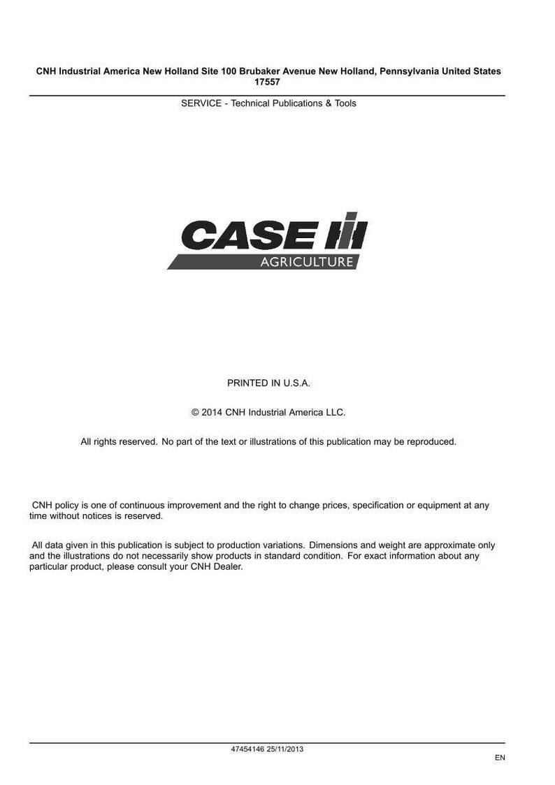 May include: A white document with the "CASE IH AGRICULTURE" logo in black and red. The text includes "PRINTED IN U.S.A." and copyright information for CNH Industrial America LLC.