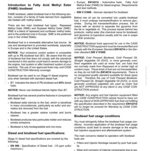 May include: A page from a maintenance manual detailing biodiesel fuel specifications and usage. The text covers topics like biodiesel blends, fuel standards, and potential issues related to its use in engines.