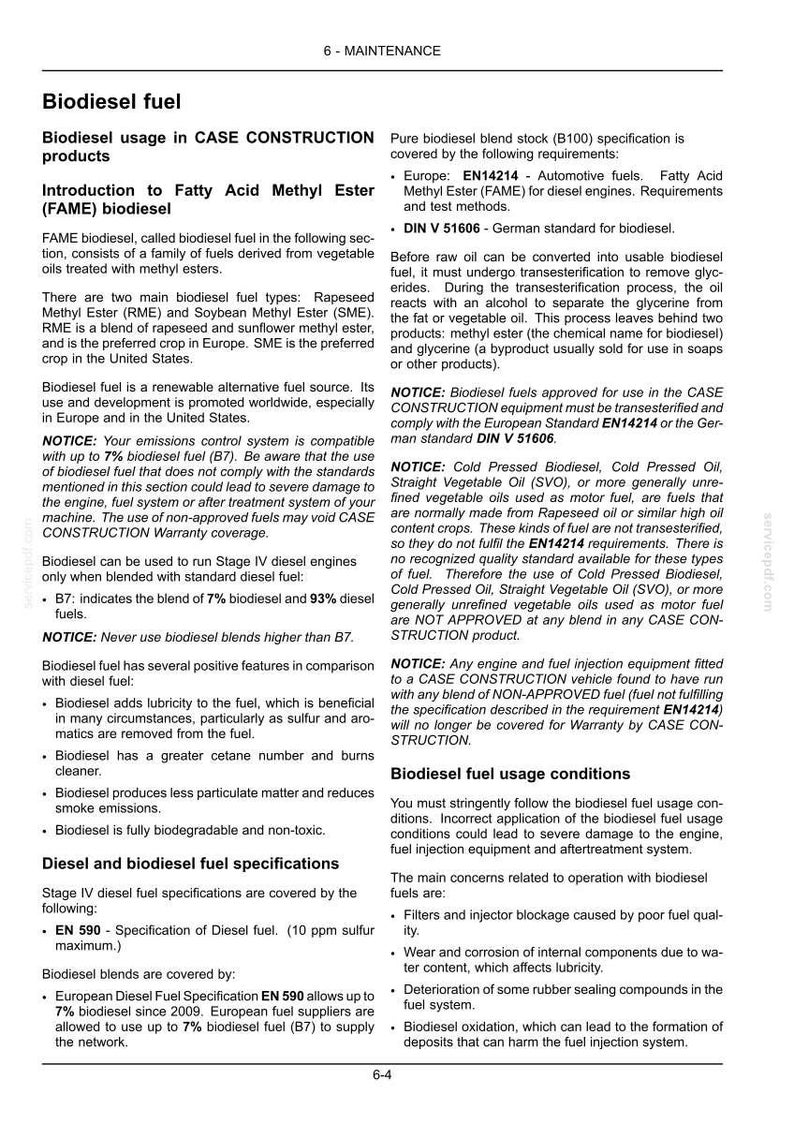May include: A page from a maintenance manual detailing biodiesel fuel specifications and usage. The text covers topics like biodiesel blends, fuel standards, and potential issues related to its use in engines.