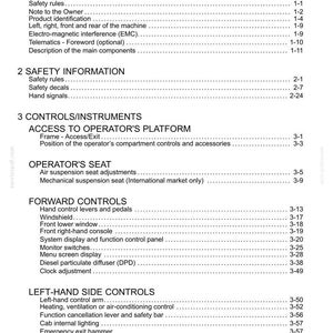 May include: A detailed contents page from a manual, listing sections on general and safety information, controls, and operator's seat. The text is black on a white background, with page numbers on the right.