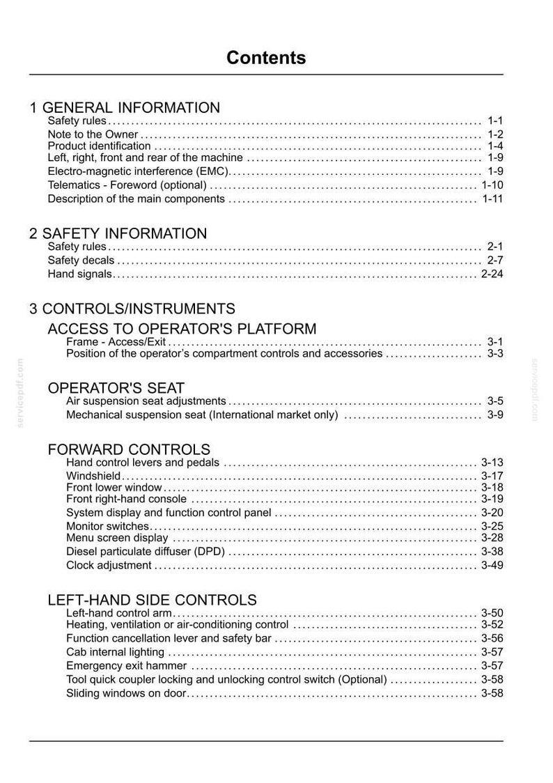 May include: A detailed contents page from a manual, listing sections on general and safety information, controls, and operator's seat. The text is black on a white background, with page numbers on the right.