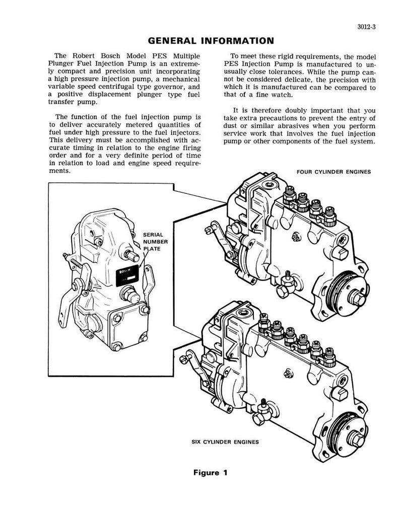 May include: Technical diagram of a Robert Bosch Model PES Multiple Plunger Fuel Injection Pump. The image includes detailed illustrations of four-cylinder and six-cylinder engine configurations, along with a serial number plate.
