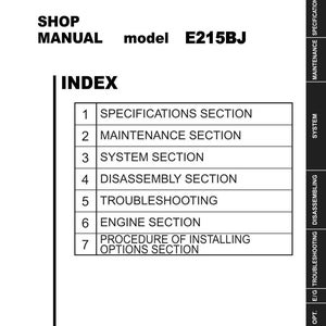 May include: A shop manual for a hydraulic excavator, model E215BJ, with an index listing sections for specifications, maintenance, system, disassembly, troubleshooting, engine, and options. The New Holland logo is at the bottom.