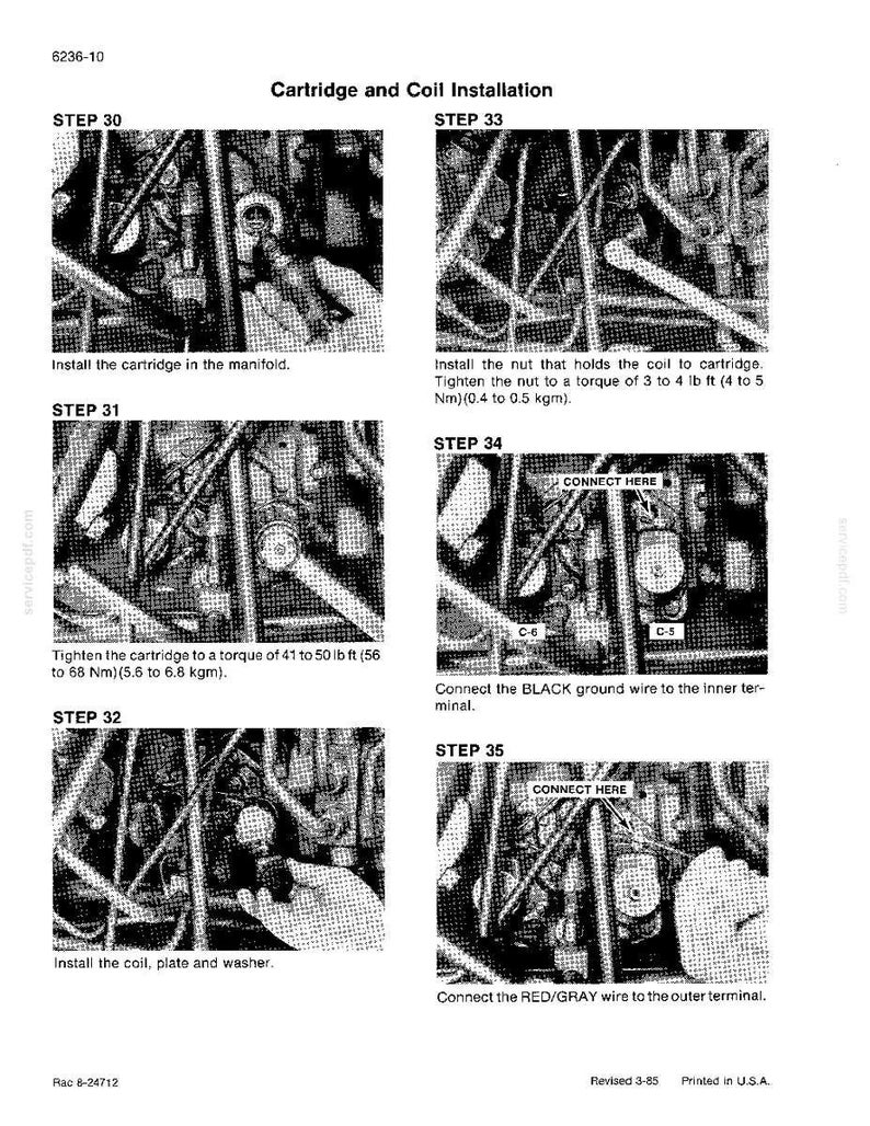 May include: A technical diagram titled "Cartridge and Coil Installation" with step-by-step instructions. The diagram includes images and text detailing the installation process, including tightening torques in pound-feet and Newton-meters.