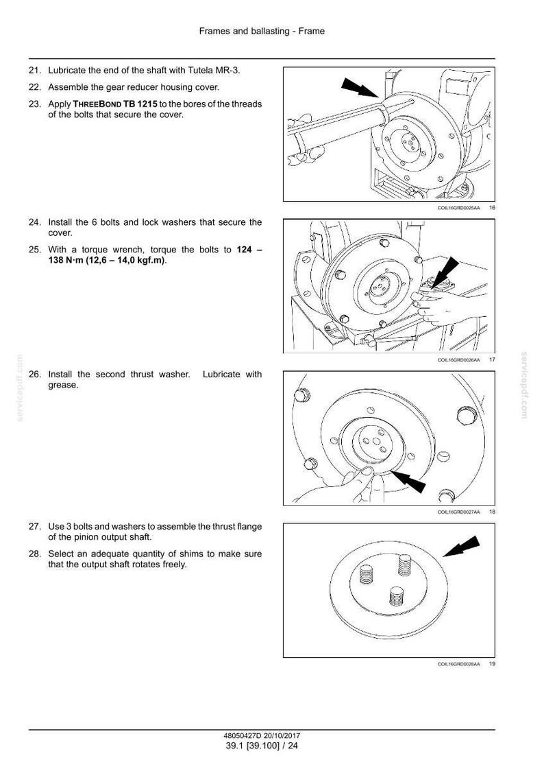 May include: Diagram of a mechanical assembly process, with detailed illustrations and instructions. Includes steps for lubrication, bolt installation, and torque specifications. Text includes "Frames and ballasting - Frame".