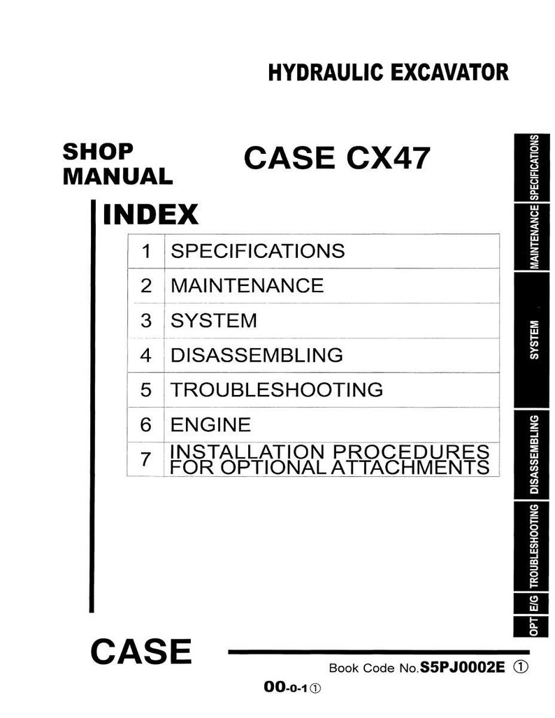 May include: A shop manual for a hydraulic excavator, titled "CASE CX47." The cover features the title, an index with sections like Specifications, Maintenance, and Troubleshooting. The manual's book code is S5PJ0002E.