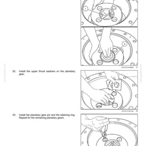 May include: Diagram of front axle assembly with instructions for installing thrust washers, planetary gear, and retaining ring. Includes numbered steps and close-up illustrations of the process. Text includes "AXLES, BRAKES AND STEERING - FRONT AXLE."