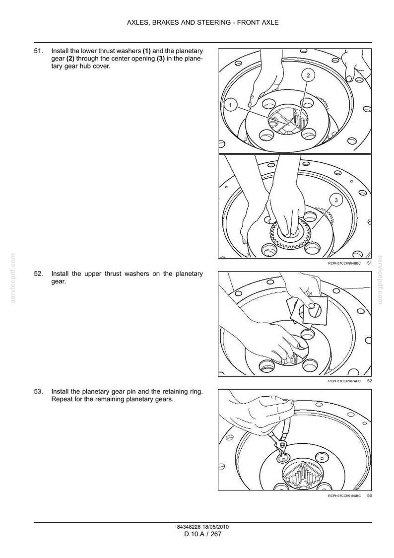 May include: Diagram of front axle assembly with instructions for installing thrust washers, planetary gear, and retaining ring. Includes numbered steps and close-up illustrations of the process. Text includes "AXLES, BRAKES AND STEERING - FRONT AXLE."