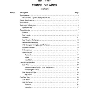 May include: A page from a manual titled "SECTION 10 - ENGINE" detailing "Chapter 2 - Fuel Systems." The contents include sections on fuel injectors and fuel pumps, with corresponding page numbers listed.