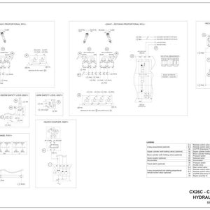 May include: A detailed schematic diagram of a CX26C - CX30C excavator's hydraulic system. The diagram is in black and white, featuring various components and their connections, with labels and a legend for reference. The text "HYDRAULIC SCHEMATIC" is visible.