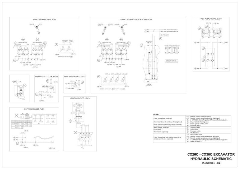 May include: A detailed schematic diagram of a CX26C - CX30C excavator's hydraulic system. The diagram is in black and white, featuring various components and their connections, with labels and a legend for reference. The text "HYDRAULIC SCHEMATIC" is visible.