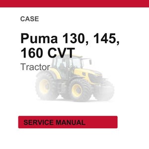 Op de afbeelding: Een gele en zwarte Puma 130, 145, 160 CVT tractor. De afbeelding bevat het woord "Tractor" en de tekst "SERVICE MANUAL" in een rode rechthoek.