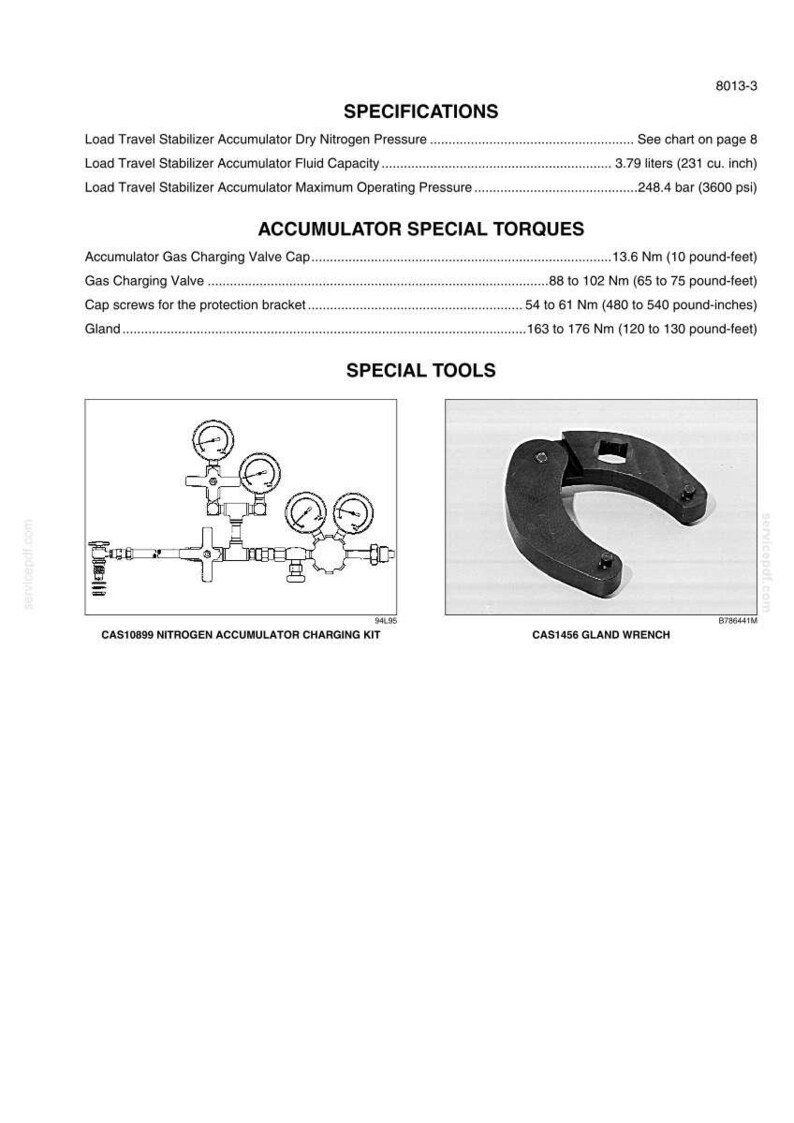 May include: Technical diagram with specifications for a load travel stabilizer accumulator. Includes a nitrogen accumulator charging kit and a gland wrench. Text includes measurements in psi, inches, and pound-feet.