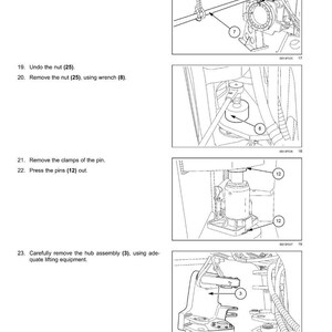 May include: Technical diagram illustrating steps for frame assembly. Includes diagrams for suspending the hub assembly, removing nuts and pins, and removing the hub assembly. Text includes numbered instructions and part references.