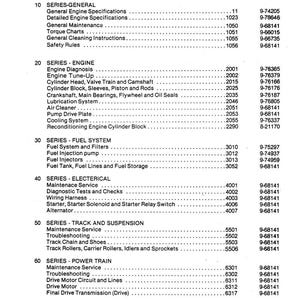 Puede incluir: Tabla de contenidos del manual de la excavadora 880B. El documento enumera secciones como Especificaciones generales del motor, Diagn&oacute;stico del motor, Sistema de combustible, El&eacute;ctrico, Cadena y suspensi&oacute;n y Tren de potencia. Incluye n&uacute;meros de formulario.