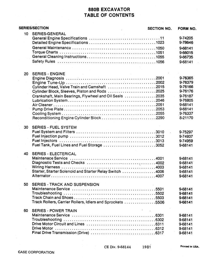 Puede incluir: Tabla de contenidos del manual de la excavadora 880B. El documento enumera secciones como Especificaciones generales del motor, Diagn&oacute;stico del motor, Sistema de combustible, El&eacute;ctrico, Cadena y suspensi&oacute;n y Tren de potencia. Incluye n&uacute;meros de formulario.
