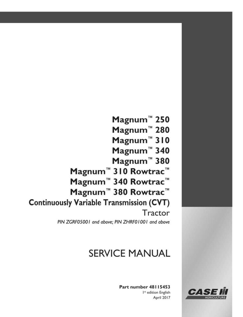 Op de afbeelding: Een witte servicehandleiding omslag met zwarte tekst met Magnum tractormodellen: 250, 280, 310, 340 en 380, plus Rowtrac modellen. Bevat "Continuously Variable Transmission (CVT) Tractor" en "SERVICE MANUAL" tekst. Het Case IH Agriculture logo staat rechtsonder.