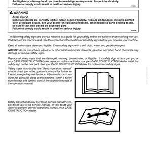 May include: A page from a manual titled "Safety Information" with warning symbols and instructions. The text warns against injury and provides guidelines for maintaining safety decals. Includes illustrations of an open book and a wrench.