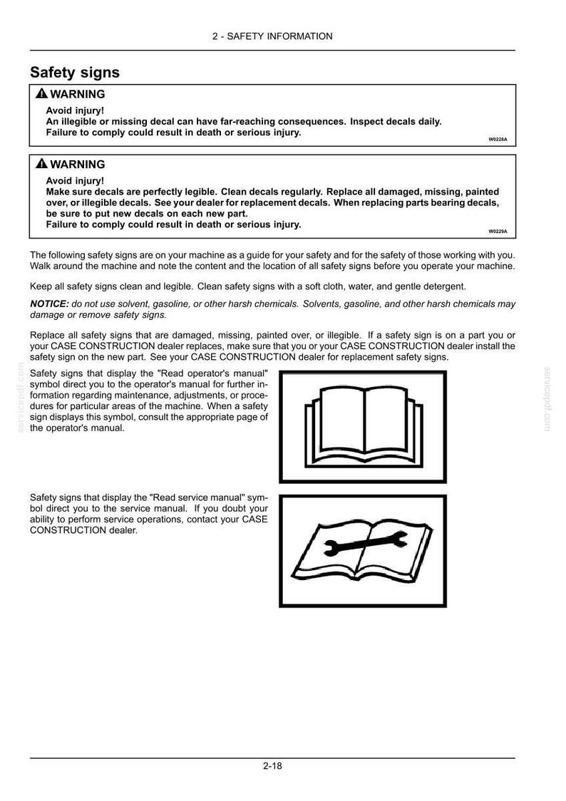 May include: A page from a manual titled "Safety Information" with warning symbols and instructions. The text warns against injury and provides guidelines for maintaining safety decals. Includes illustrations of an open book and a wrench.