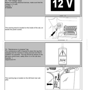 May include: A technical manual page titled 2-SAFETY INFORMATION displaying two safety labels. The first is a 12 V decal for power sockets. The second is a Maintenance in progress tag featuring an exclamation mark and a wrench icon for machinery.