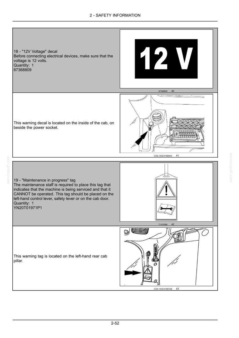 May include: A technical manual page titled 2-SAFETY INFORMATION displaying two safety labels. The first is a 12 V decal for power sockets. The second is a Maintenance in progress tag featuring an exclamation mark and a wrench icon for machinery.