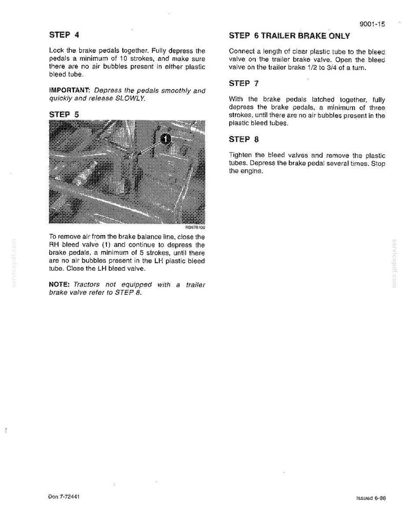 May include: A page from a manual with instructions for brake maintenance. The text includes steps for bleeding the brakes, with diagrams and notes. The image shows a close-up of brake components.