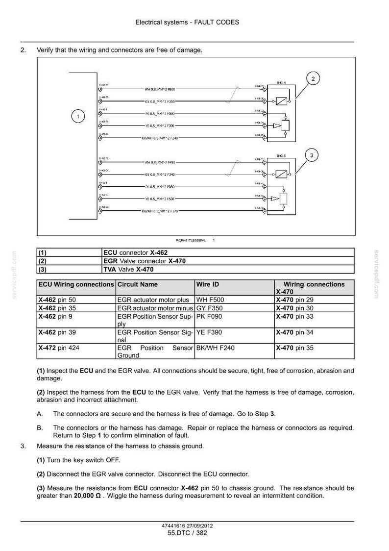 May include: Diagram showing electrical system fault codes, with wiring connections and circuit names. The image includes a table with wire IDs and wiring connections, plus instructions for inspection and measurement. The text includes the date 27/09/2012.