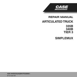 Może przedstawiać: Biała instrukcja naprawy do wozidła przegubowego. Okładka zawiera logo "CASE CONSTRUCTION" oraz tekst "REPAIR MANUAL ARTICULATED TRUCK 335B 340B TIER 3 SIMPLEMUX". Na dole instrukcji znajduje się tekst "ASN HHD0335(40)BN7PG58065- 87721320 NA Issued 01 June 08".