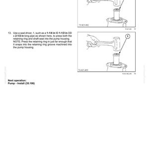 May include: Diagram of a hydraulic system variable displacement pump assembly. The image shows step-by-step instructions for installing a shaft seal and retaining ring using tools. Text includes part numbers and operational notes.