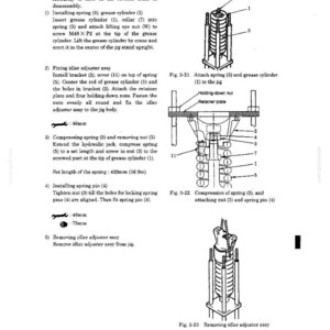 May include: A technical manual page showing assembly instructions for an idler adjuster assembly. It includes diagrams labeled Fig. 5-21, 5-22, and 5-23, illustrating a spring, grease cylinder, and various hardware components with a set length of 16.9 inches.