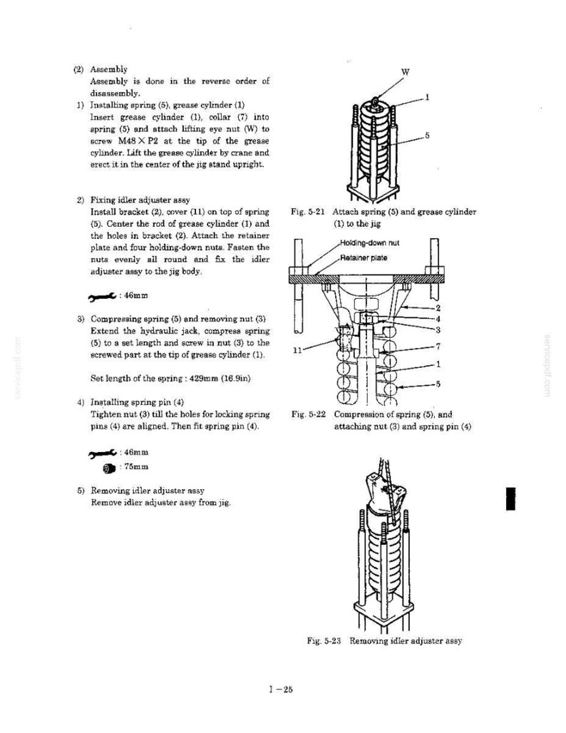 May include: A technical manual page showing assembly instructions for an idler adjuster assembly. It includes diagrams labeled Fig. 5-21, 5-22, and 5-23, illustrating a spring, grease cylinder, and various hardware components with a set length of 16.9 inches.