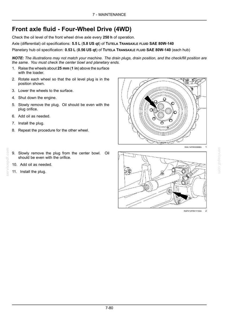 May include: Diagram from a maintenance manual detailing front axle fluid service for a four-wheel drive vehicle. Instructions include raising wheels, removing plugs, and adding oil. Measurements are in US customary units.