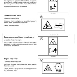 Puede incluir: Una p&aacute;gina de documento t&eacute;cnico titulada 2-SAFETY INFORMATION que presenta cuatro calcoman&iacute;as de seguridad numeradas. Cada secci&oacute;n incluye instrucciones de texto y un s&iacute;mbolo gr&aacute;fico correspondiente que ilustra los peligros relacionados con la operaci&oacute;n de la m&aacute;quina.