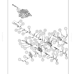 May include: An exploded diagram of a front loader hydraulic system control, with various components labeled with numbers. The diagram is in black and white, with text at the top indicating the system's overview.