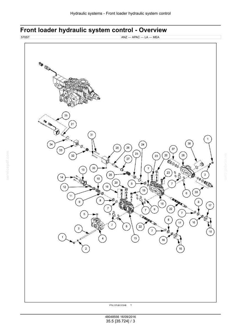 May include: An exploded diagram of a front loader hydraulic system control, with various components labeled with numbers. The diagram is in black and white, with text at the top indicating the system's overview.